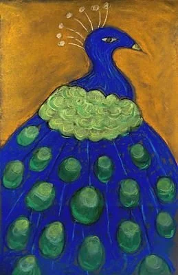 A stylized painting of a peacock with a blue body, green and blue feathers, and decorative white crest, set against a yellow background.