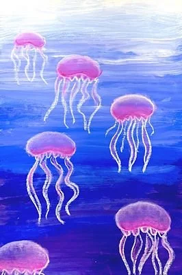 Illustration of several pink jellyfish with long, flowing tentacles swimming in a deep blue ocean.