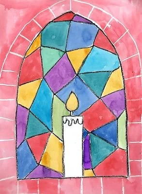 Watercolor painting of a stained glass window with a candle inside, featuring colorful geometric shapes and a pink background.