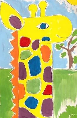 Child's colorful drawing of a giraffe with a yellow body, purple spots, and a background with a tree and blue sky.
