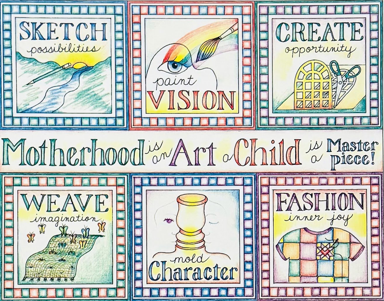 A colorful, hand-drawn poster with a grid of six squares and a central strip of text. The squares contain illustrations and words: a paintbrush with sunset for "Sketch possibilities," an eye with paintbrush for "Paint vision," scissors and a cage for