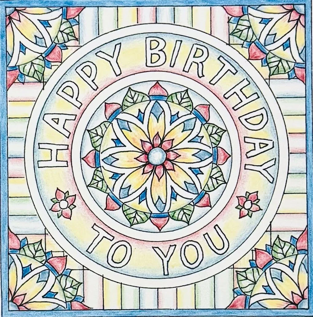 Colorful stained glass-like artwork with a central floral pattern and the message 'Happy Birthday to You' written around it.