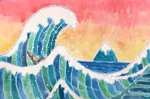 Watercolor painting of large ocean waves with a sunset sky in the background.