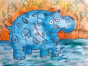 Cute blue cartoon hippo standing in water with leaves and orange background.
