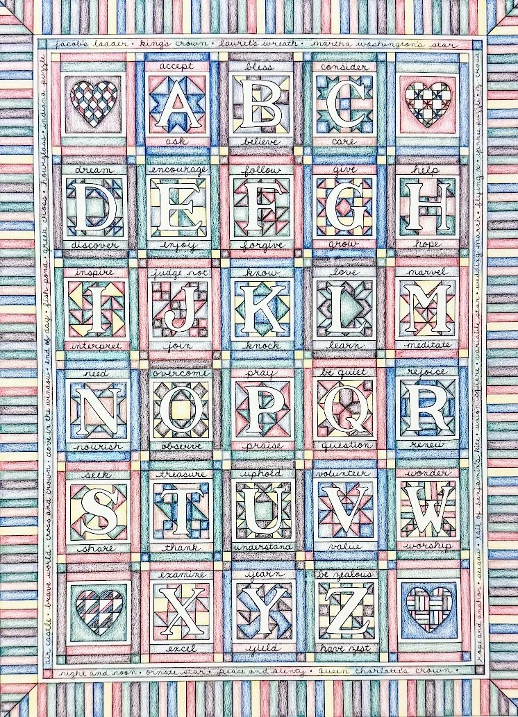 Colorful illustrated alphabet chart with each letter in a decorative box, surrounded by words and phrases related to kindness, love, and learning, with a striped border.