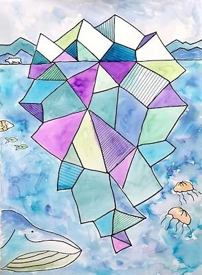 Colorful geometric shapes floating in a water scene with jellyfish and a whale.