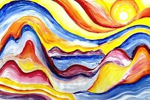 Abstract painting of colorful mountains and a sun with swirling patterns in yellow, red, blue, and purple hues.