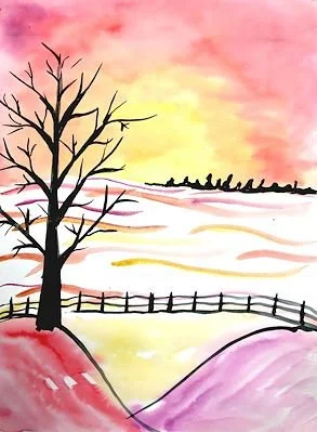 Watercolor painting of a sunset over a winter landscape with a leafless tree, a fence, and snow-covered ground.