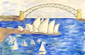 Painting of the Sydney Opera House with sail-like roofs, a blue water body with small sailboats, and a bridge in the background.