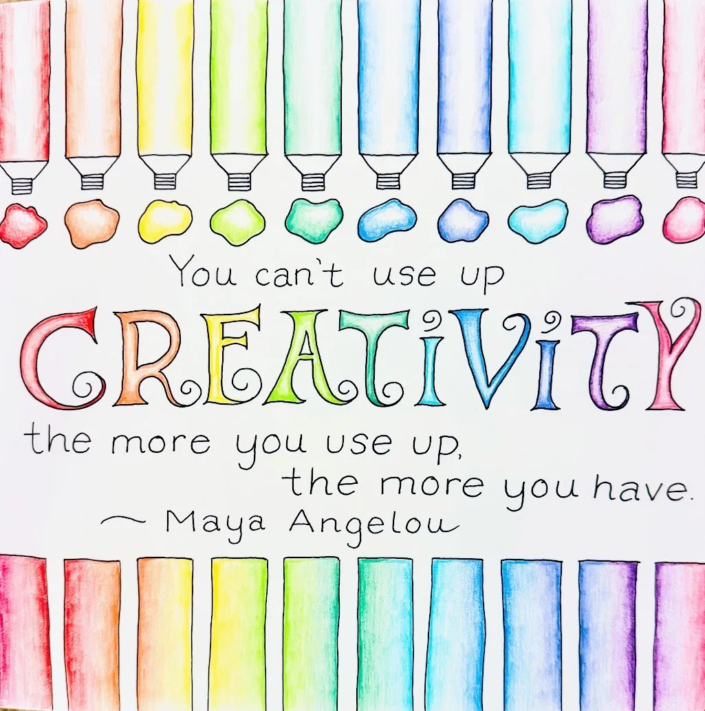 Colorful watercolor illustration of paint tubes with spilled paint below, featuring the quote: 'You can't use up CREATIVITY, the more you use up, the more you have.' by Maya Angelou.