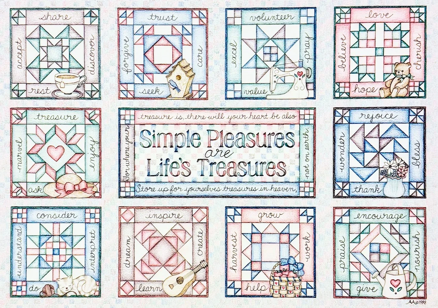 Colorful quilt square designs with words and illustrations, centered around a quote that reads 'Simple Pleasures are Life's Treasures.' Each square features a word like 'share,' 'trust,' 'volunteer,' 'love,' 'treasure,' 'rejoice,' 'consider,' 'dream,