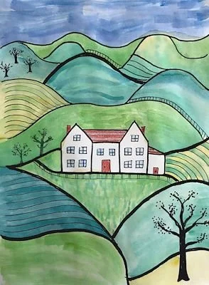 A watercolor painting of rolling green hills with a white house featuring a red roof and red door in the foreground. The background includes more hills with trees and a sky transitioning from blue to darker shades.