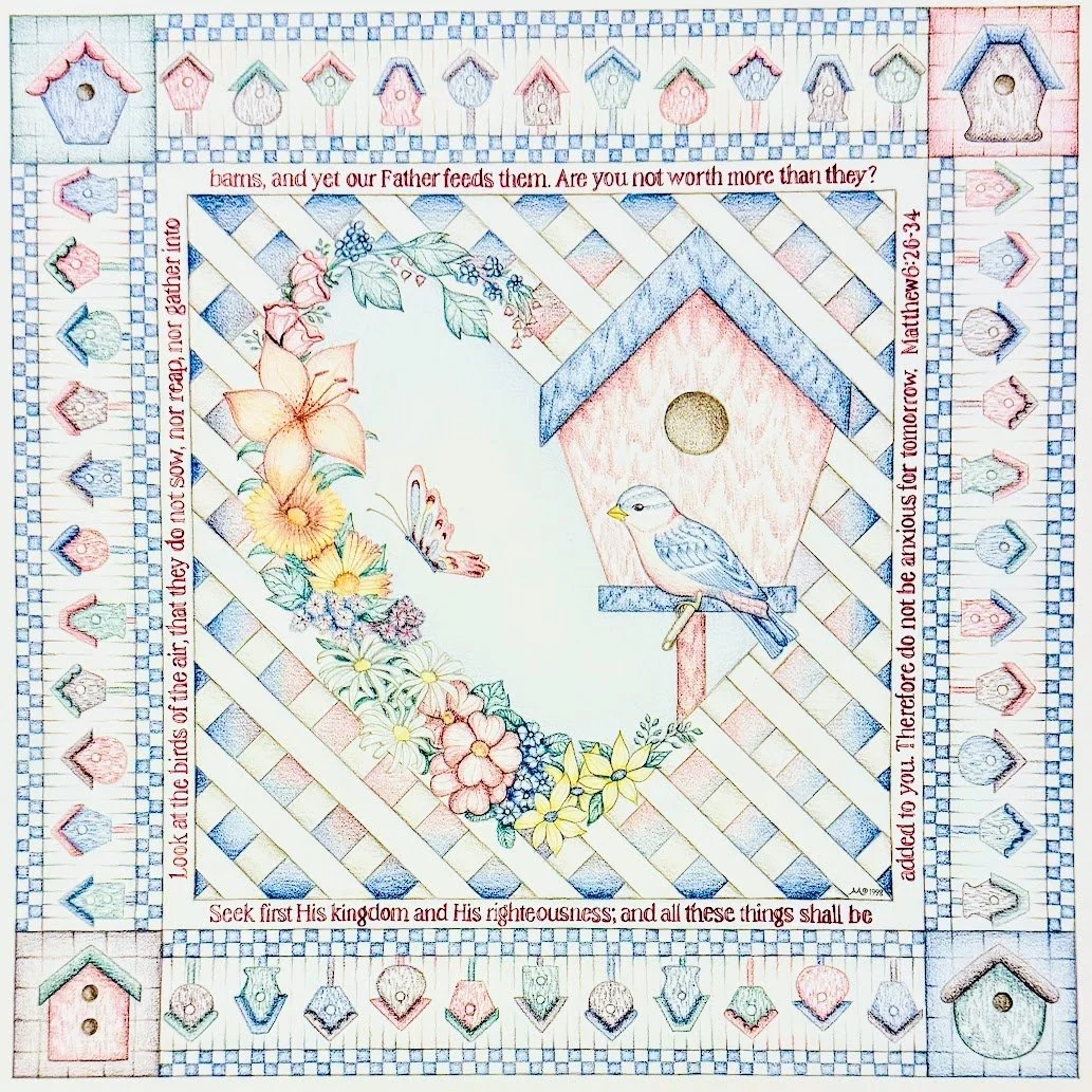 A colorful, decorative cross-stitch embroidery with a central illustration of a birdhouse, a perched bird, and surrounding flowers, butterflies, and bird motifs, with Bible verses around the border.