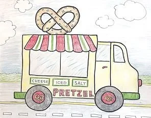 A hand-drawn illustration of a pretzel truck with a pink, green, and white striped awning, labeled with flavors like cheese, iced, and salted, and a large pretzel sculpture on top.
