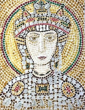 A mosaic portrait of a woman with a crown, decorated with jewelry and accessories, against a gold background.