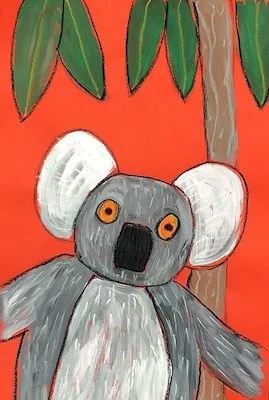 A painted illustration of a koala bear with large white ears, black nose, orange eyes, and gray fur, hanging from a tree branch with green leaves against an orange background.