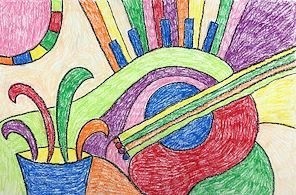 Colorful drawing of a potted plant with curving green, red, purple, and green stems, a rainbow, and a cup with a rainbow-colored handle.