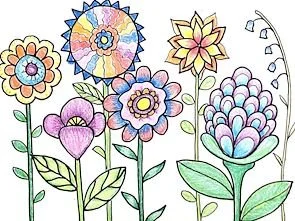 Colorful hand-drawn flowers with green leaves and stems on a white background.