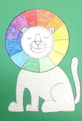 A drawing of a lion with a rainbow-colored mane and a happy face, set against a green background.