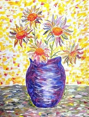 Colorful painting of a blue vase with yellow and purple flowers against a yellow and white background.