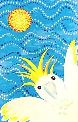 A white cockatoo with a yellow crest and black eyes, set against a blue background with white dots and a yellow-orange sun.