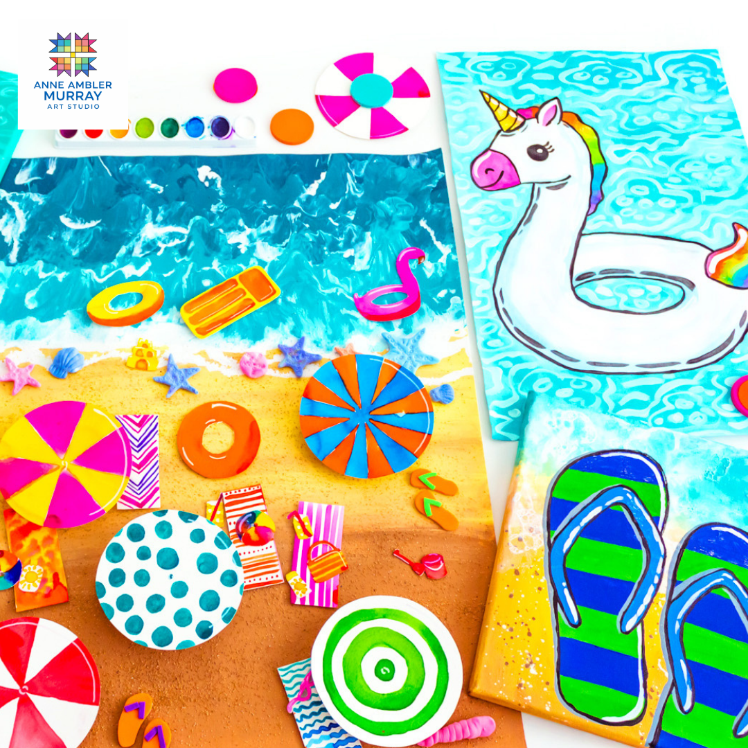 Colorful beach-themed arts and crafts with a painted unicorn and various small decorative objects like umbrellas, stars, and flip-flops.