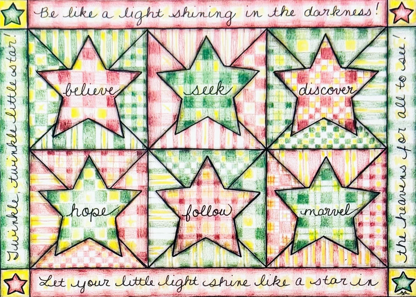 Colorful hand-drawn quilt pattern with stars, each containing inspirational words: believe, seek, discover, hope, follow, and marvel. Text around the border encourages shining like a star, with a background of yellow, green, and pink checkered and st