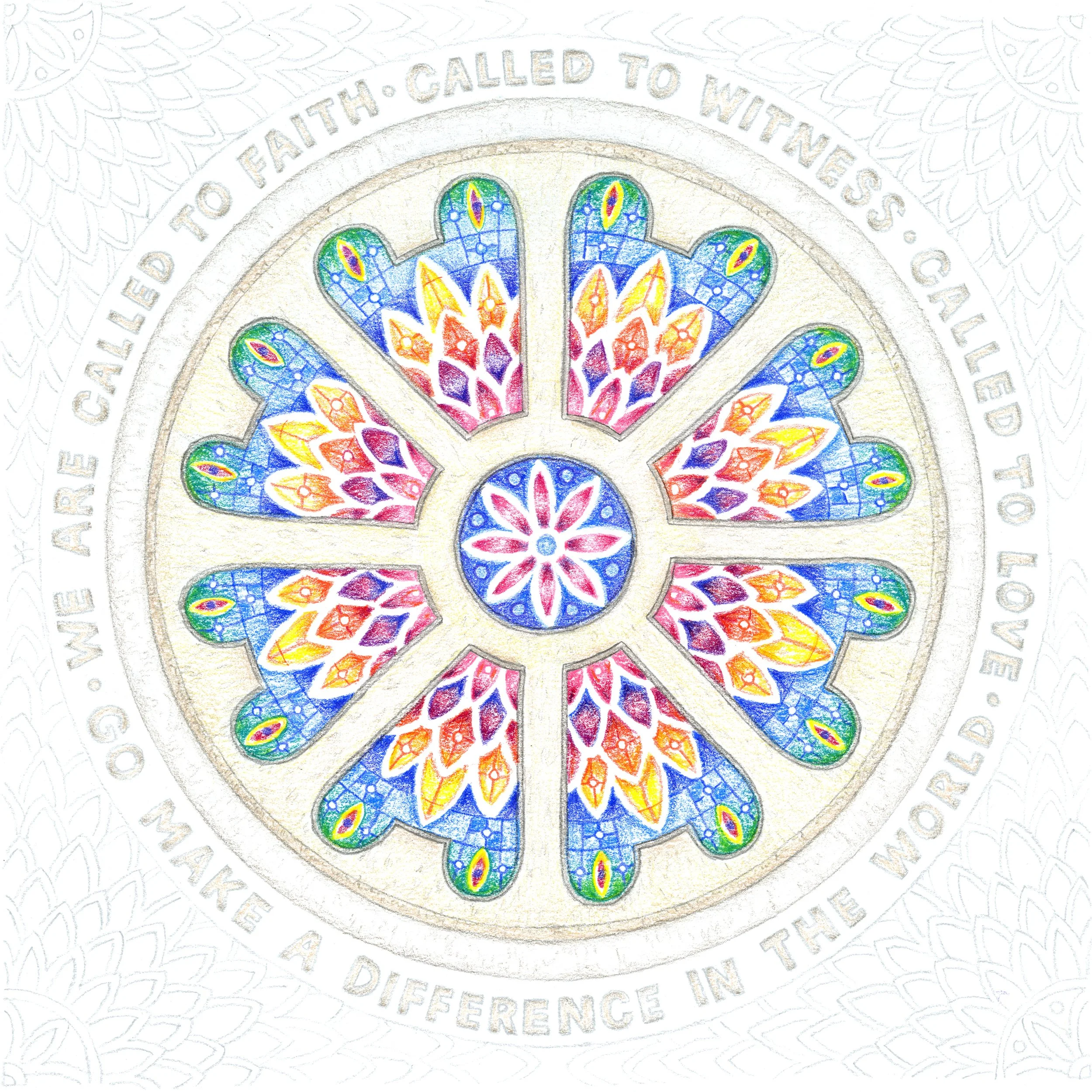 Colorful stained glass rose window design with a surrounding circle of text and intricate background pattern.