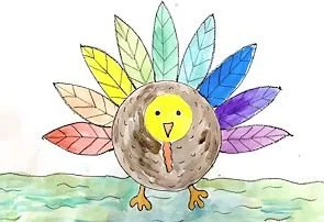 A cartoon turkey with a round body and a small head, standing on green grass with colorful leaf feathers arranged in a fan behind it.