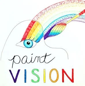 A colorful drawing of an eye with a rainbow paintbrush painting a rainbow across a child's eye. The words 'paint' and 'VISION' are written below, with 'VISION' in rainbow colors.