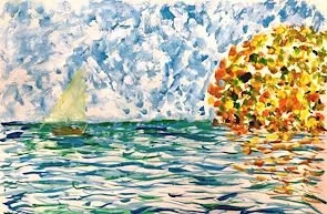 Painting of a seascape with a sailboat, a colorful sun, and blue sky with clouds