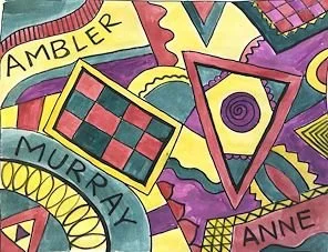 Colorful abstract artwork featuring various geometric shapes including squares and triangles, with names like 'Ambler', 'Murray', and 'Anne' written within the design.