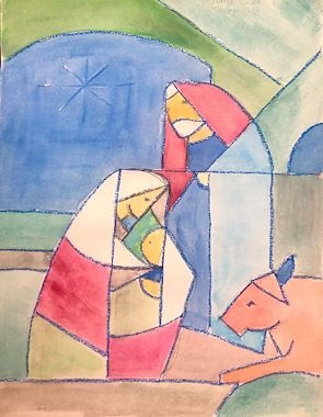 Abstract watercolor painting of two people, a child and an adult, sitting together with a dog nearby, using bright colors and geometric shapes.
