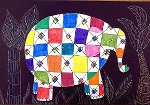 Colorful mosaic elephant drawing with a black background and leafy patterns on the sides.