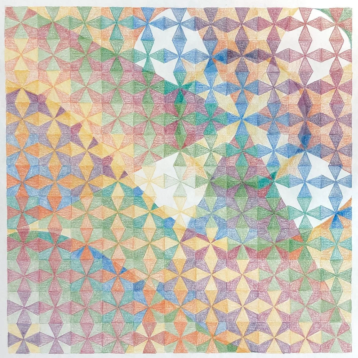 Colorful geometric pattern made of multiple overlapping star shapes, created with colored pencils or crayons, in various shades of green, blue, yellow, orange, red, and purple.