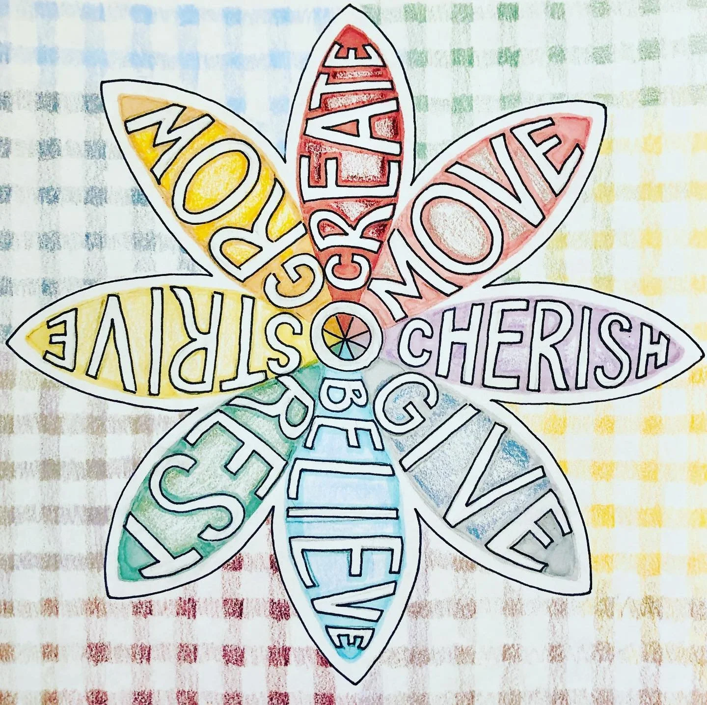 Colorful flower with petals containing words like 'LOVE', 'PEACE', 'HOPE', 'CHERISH', 'BELIEVE', and 'SMILE', all outlined in black and filled with pastel shades of yellow, red, pink, purple, green, and blue on a checkered background.