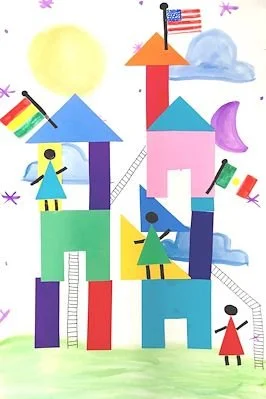 Colorful drawing of a castle made of blocks with ladders, flags, birds, and clouds, set against a sunny sky.