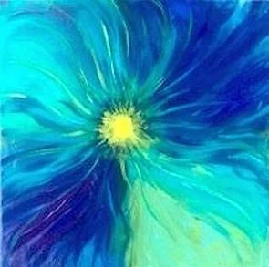 Abstract painting with swirling blue, teal, and yellow hues.