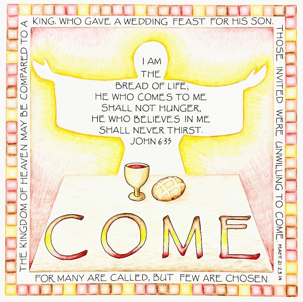 A colorful illustration of a religious message with a cross-shaped speech bubble containing a Bible verse from John 6:35 about Jesus being the bread of life. The background features a draw of a chalice and bread, with the word "COME" written below. T
