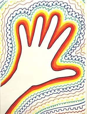 A colorful drawing of a hand with a rainbow-like outline and decorative swirly patterns around it.