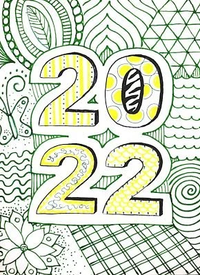 Hand-drawn illustration of the number 2022 with decorative patterns and doodles in green, yellow, and black.