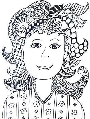 Line art illustration of a woman with detailed, decorative hair and a patterned shirt