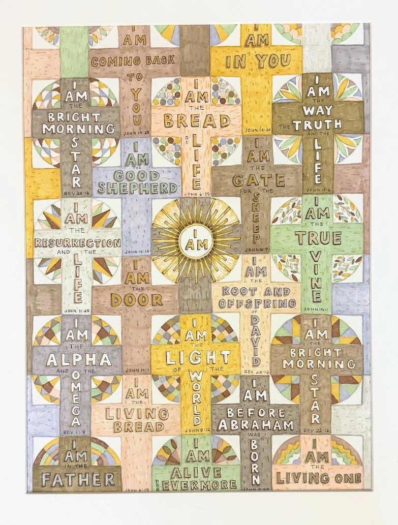 A colorful, religious-themed artwork with various Bible references and phrases, including 'I am the bread of life' and 'I am the living bread,' arranged in a grid with geometric patterns and stars.