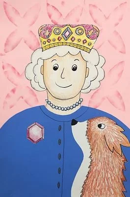 Illustration of a queen wearing a crown, with a beaded necklace, dressed in a blue outfit, and standing next to a brown dog against a pink background with bunny patterns.