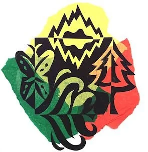 A colorful illustration of a hiker with a mountain, trees, a butterfly, and a lake, in front of a mountainous landscape with a yellow sky.
