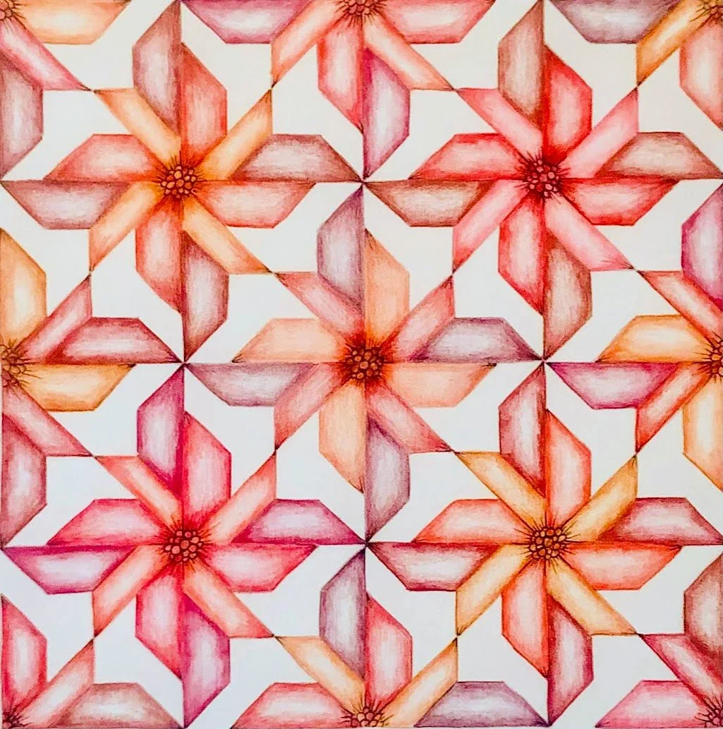 A watercolor painting of a geometric floral pattern featuring overlapping star shapes in shades of red, pink, orange, and purple.