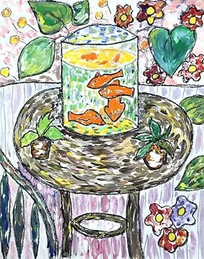Colorful illustration of a glass jar with orange fish inside, surrounded by green leaves, flowers, and a small green frog on a water fountain with a purple-striped cloth.