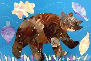 A collage of different elements creating a bear in a colorful, stylized nature scene with abstract clouds and grass.