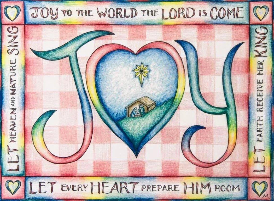 A colorful, hand-drawn illustration with the word 'JOY' in large, curved letters. Inside the 'O' is a heart shape with a nativity scene featuring Mary, Joseph, and baby Jesus. The background has a pink checkered pattern, and the border contains inspi