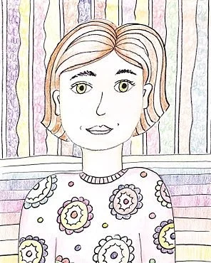 Drawing of a woman with shoulder-length wavy hair, wearing a floral-patterned top, with a background of vertical lines in pastel colors.